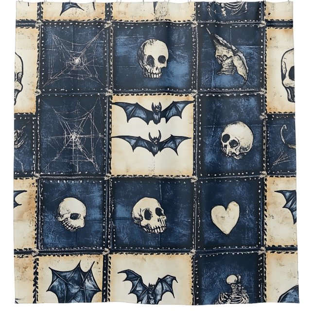 Gothic Halloween Denim Patchwork Pattern Shower Curtain (Front)