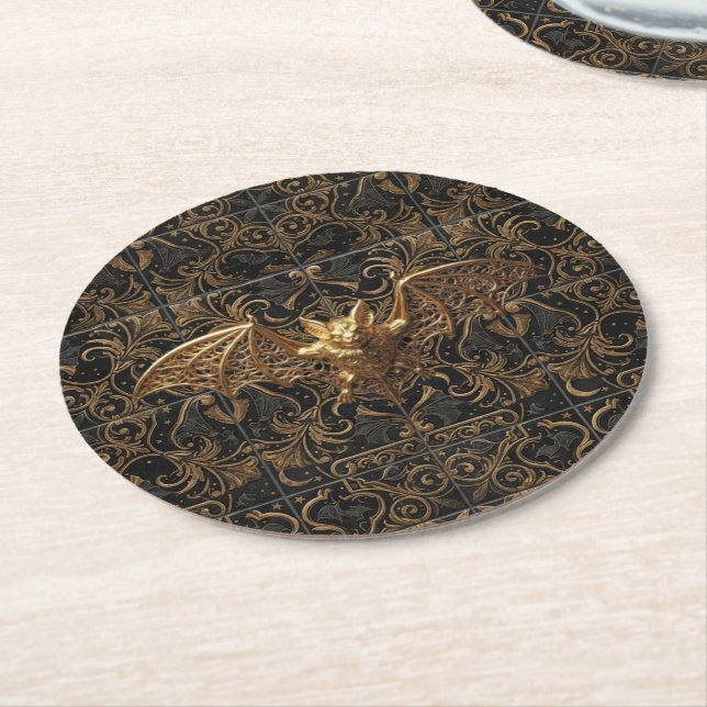 Gothic Halloween Drink Coaster Gold Bat Pattern (Angled)