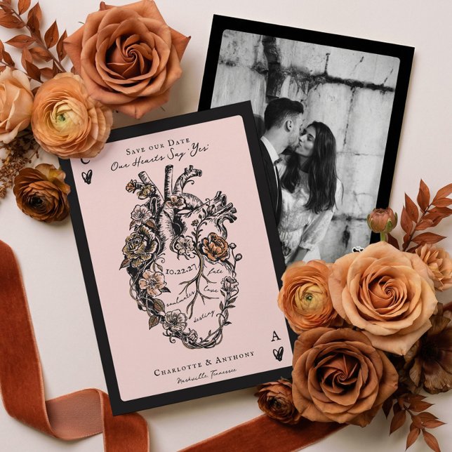 Gothic Halloween Floral Anatomical Heart Photo Save The Date (Gothic Halloween Floral Anatomical Heart Photo Save The Date)