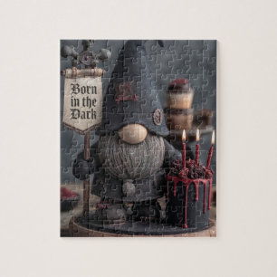 Gothic Halloween gnome with Born in the Dark sign Jigsaw Puzzle