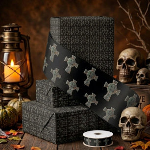 Gothic Halloween Graveyard Headstone Cross Drawing Satin Ribbon