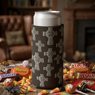 Gothic Halloween Graveyard Headstone Cross Drawing Seltzer Can Cooler
