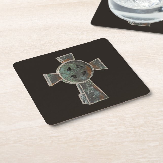 Gothic Halloween Graveyard Headstone Cross Drawing Square Paper Coaster (Angled)