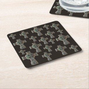 Gothic Halloween Graveyard Headstone Cross Drawing Square Paper Coaster