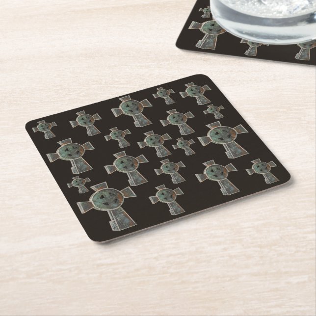 Gothic Halloween Graveyard Headstone Cross Drawing Square Paper Coaster (Angled)