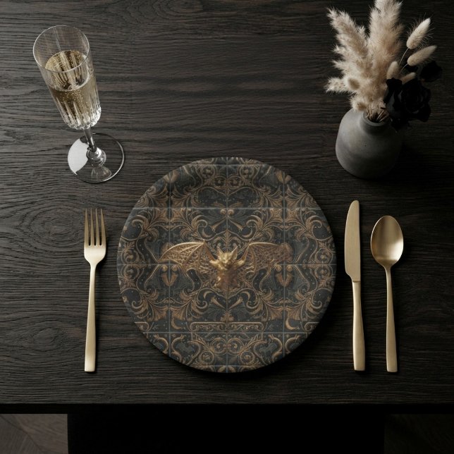 Gothic Halloween Paper Plates Gold Bat Pattern (Creator Uploaded)