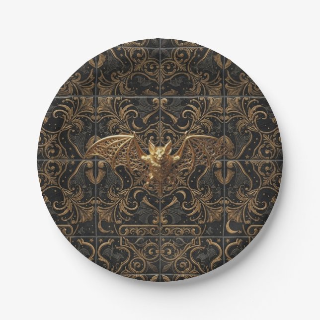 Gothic Halloween Paper Plates Gold Bat Pattern (Front)