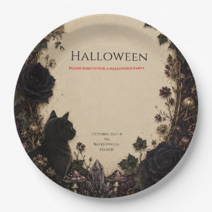 Gothic Halloween Party Roses, Dark Ivy, Moth, moon Paper Plate