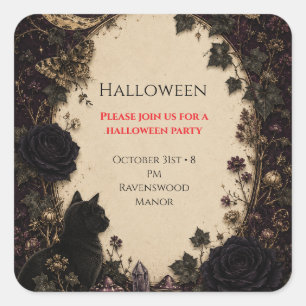 Gothic Halloween Party Roses, Dark Ivy, Moth, moon Square Sticker