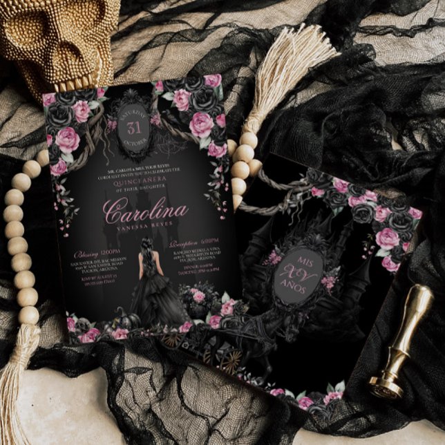 Gothic Halloween Pink Black Princess Quinceanera  Invitation (Creator Uploaded)