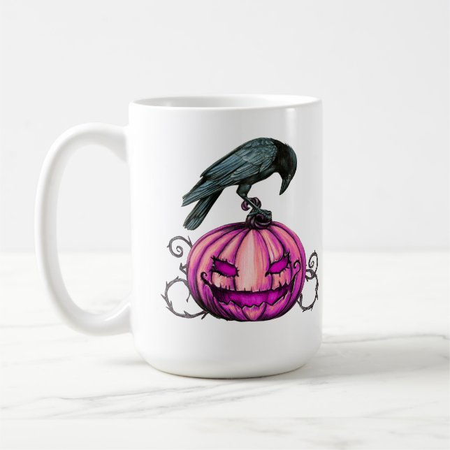 Gothic Halloween Pumpkin and Crow  Coffee Mug (Left)