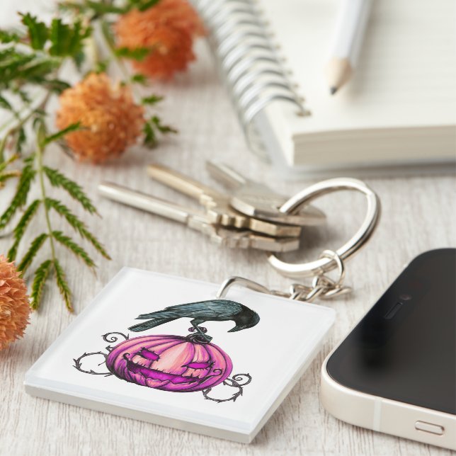 Gothic Halloween Pumpkin and Crow Tee shirt Key Ring (Front Right)