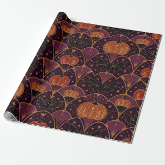 Gothic Halloween Pumpkin & Bat Damask Wrapping Paper