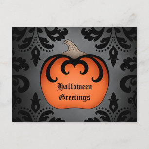 Gothic Halloween pumpkin on elegant damask Postcard