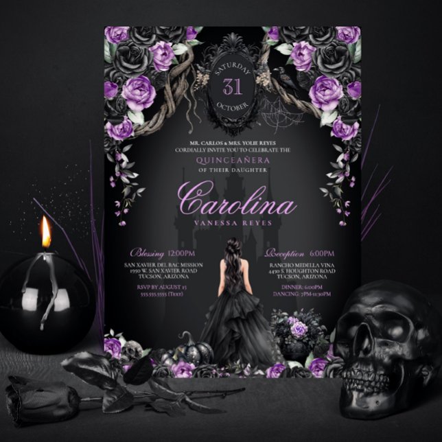 Gothic Halloween Purple Black Princess Quinceanera Invitation (Creator Uploaded)
