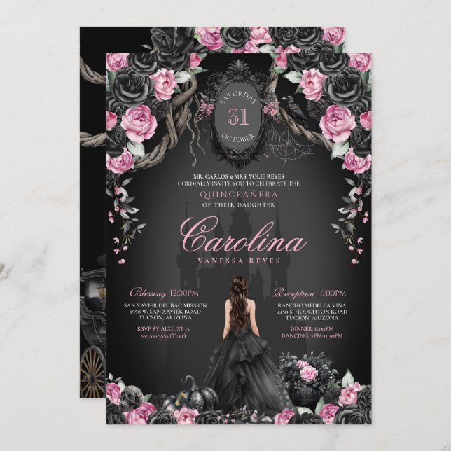Gothic Halloween Quinceanera Black & Pink Princess Invitation (Front/Back)