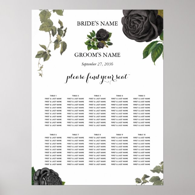 Gothic Halloween Roses White Wedding Seating Chart (Front)