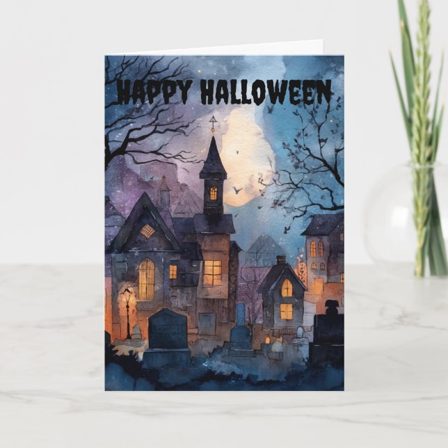 Gothic Halloween Scene Holiday Card (Front)