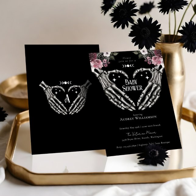 Gothic Halloween Skeleton Hands Heart Baby Shower Invitation (Gothic Halloween Skeleton Hands Heart Baby Shower Invitation (Front & Back))