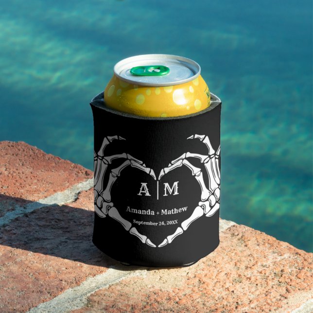 Gothic Halloween Skull Hand Heart Black Wedding Can Cooler (In Situ Pool)