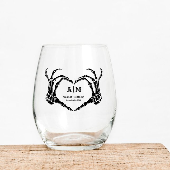 Gothic Halloween Skull Hand Heart Black Wedding Stemless Wine Glass (Creator Uploaded)