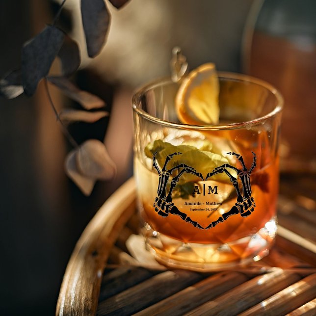 Gothic Halloween Skull Hand Heart Black Wedding Whiskey Glass (Creator Uploaded)