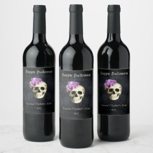 Gothic Halloween Skull Purple Roses Personalised  Wine Label