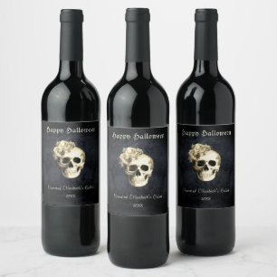 Gothic Halloween Skull White Roses Personalised Wine Label