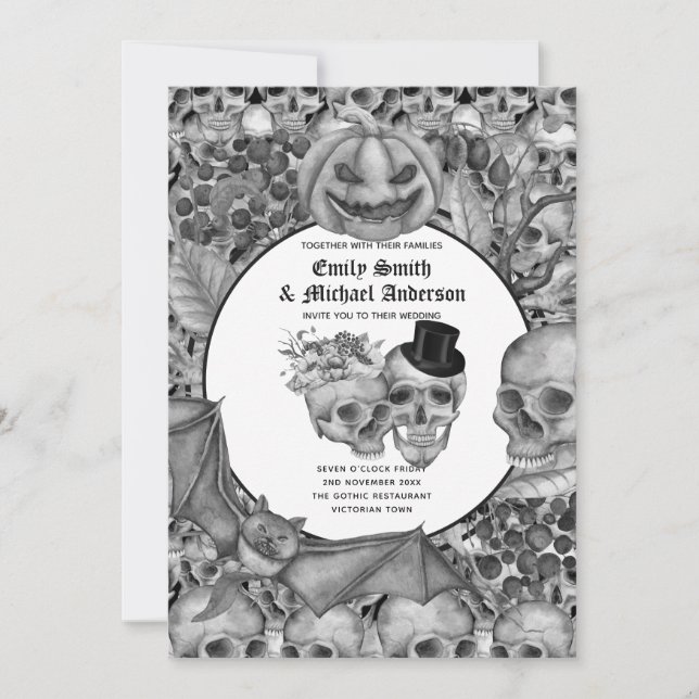 Gothic Halloween Skulls Party Invite Black White (Front)