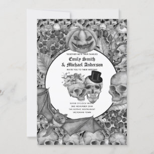 Gothic Halloween Skulls Party Invite Black White