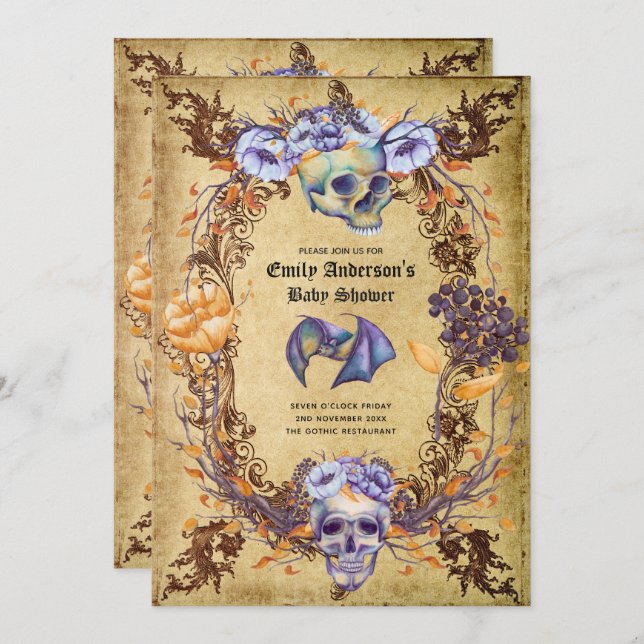 Gothic Halloween Skulls Party Invite Watercolor (Front/Back)