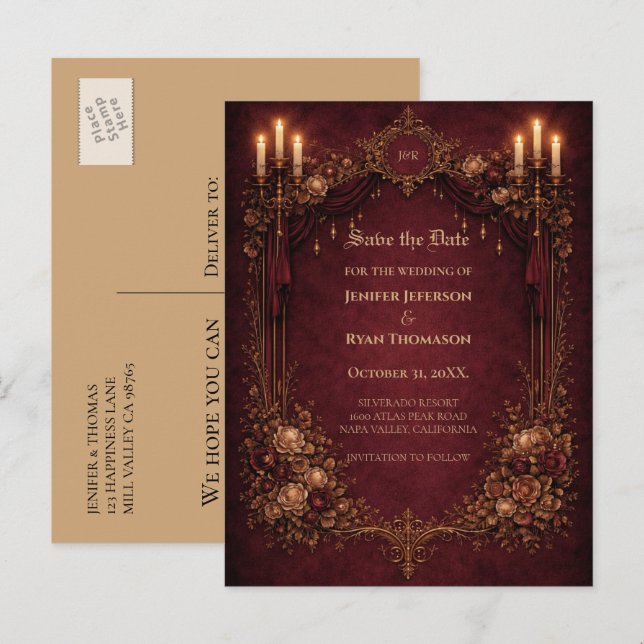 Gothic halloween wedding save the date postcard (Front/Back)