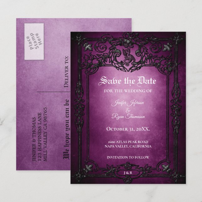 Gothic halloween wedding save the date postcard (Front/Back)