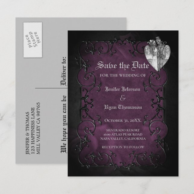 Gothic halloween wedding save the date postcard (Front/Back)