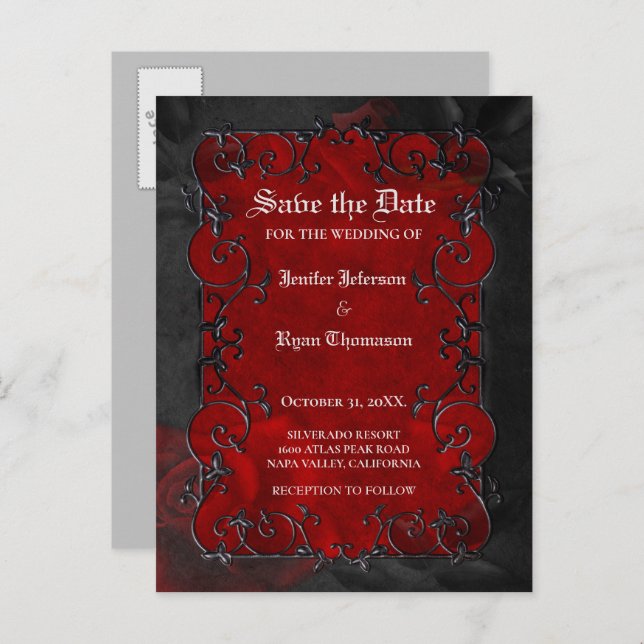 Gothic halloween wedding save the date postcard (Front/Back)