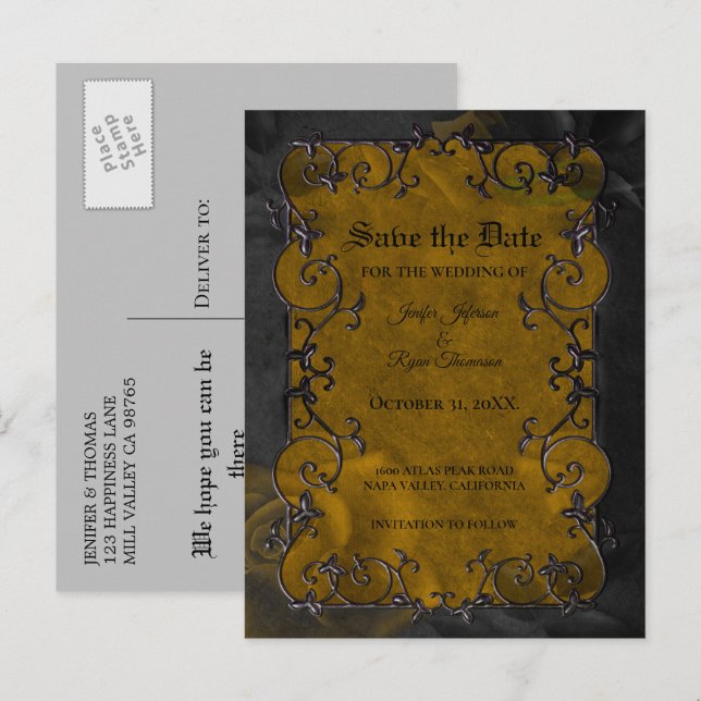 Gothic halloween wedding save the date postcard (Front/Back)