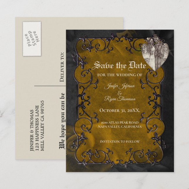 Gothic halloween wedding save the date postcard (Front/Back)