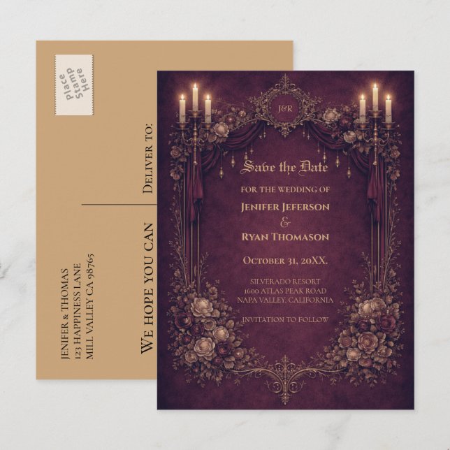 Gothic halloween wedding save the date postcard (Front/Back)