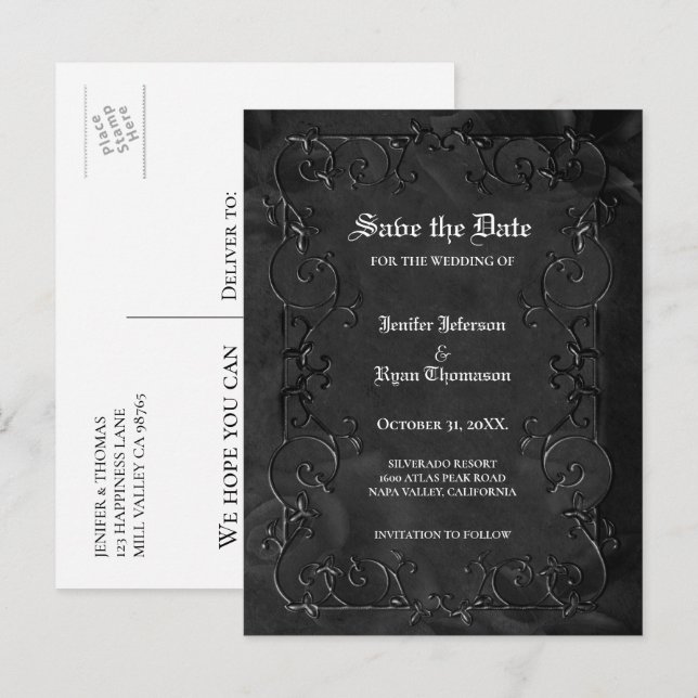 Gothic halloween wedding save the date postcard (Front/Back)