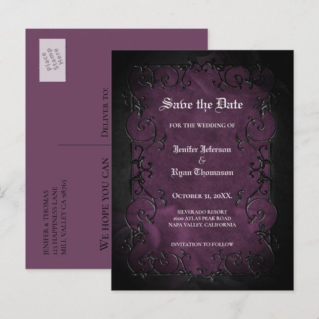 Gothic halloween wedding save the date postcard (Front/Back)