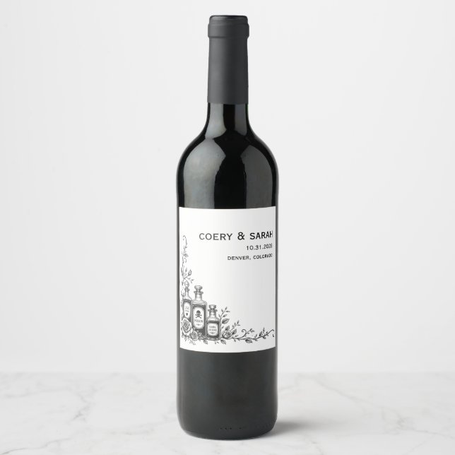 Gothic Halloween Wedding Wine Bottle Label (Front)