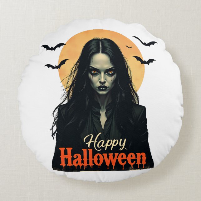 Gothic Halloween Witch Round Cushion (Front)