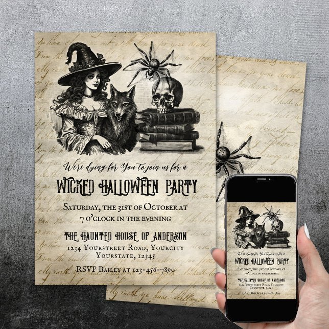 Gothic Halloween witch skull spider wolf Invitation (Halloween party invite with witch wolf skull spider.)