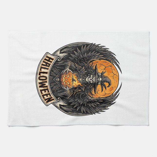 Gothic Halloween Witch Vintage Tea Towel (Horizontal)