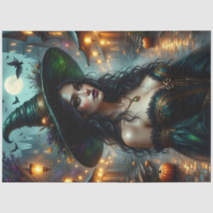 Gothic Halloween Witch with Pumpkins and Moonlit Tissue Paper