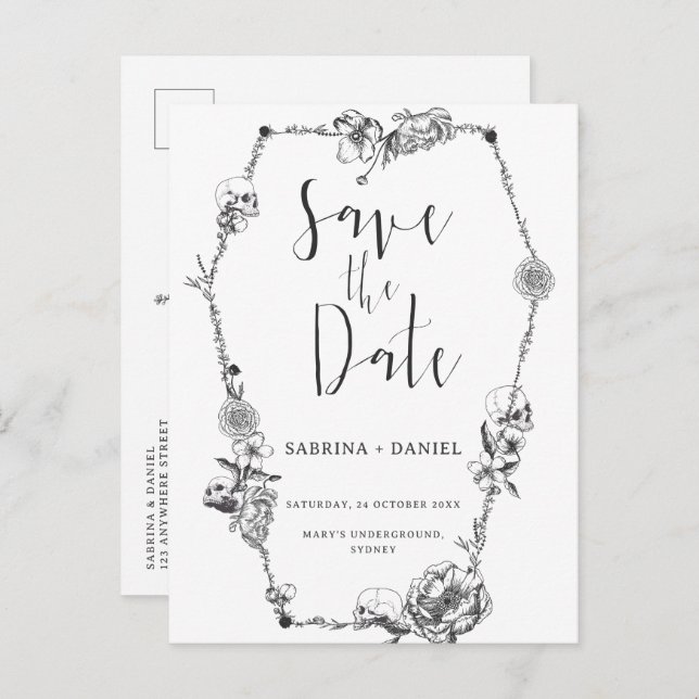 Gothic Hand drawn Flowers Skull Save the date  Postcard (Front/Back)