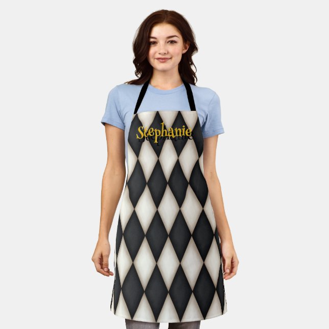 Gothic Harlequin Pattern Playful Personalised Name Apron (Worn)