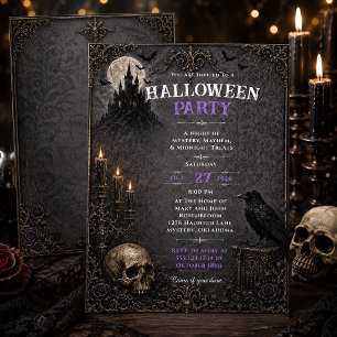 Gothic Haunted Castle Raven Skull Halloween Party Invitation