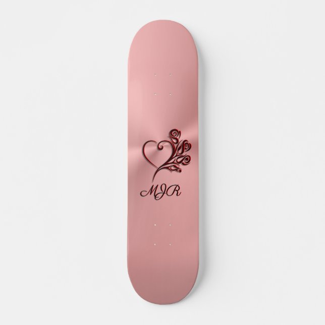 Gothic heart and roses on rose-gold with Monogram Skateboard (Front)