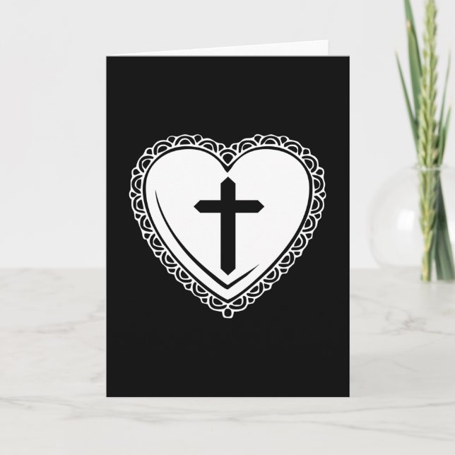 Gothic Heart & Cross Greeting Card (Black & White) (Front)